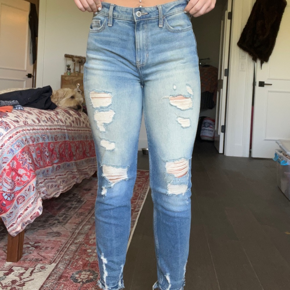 washed ripped straight leg jeans